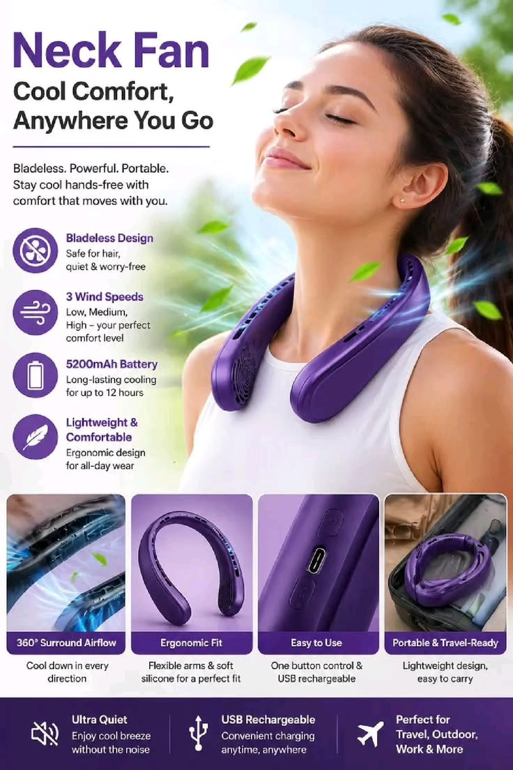 Portable Neck Fan  | Portable Bladeless Neck Fan for Summer |
